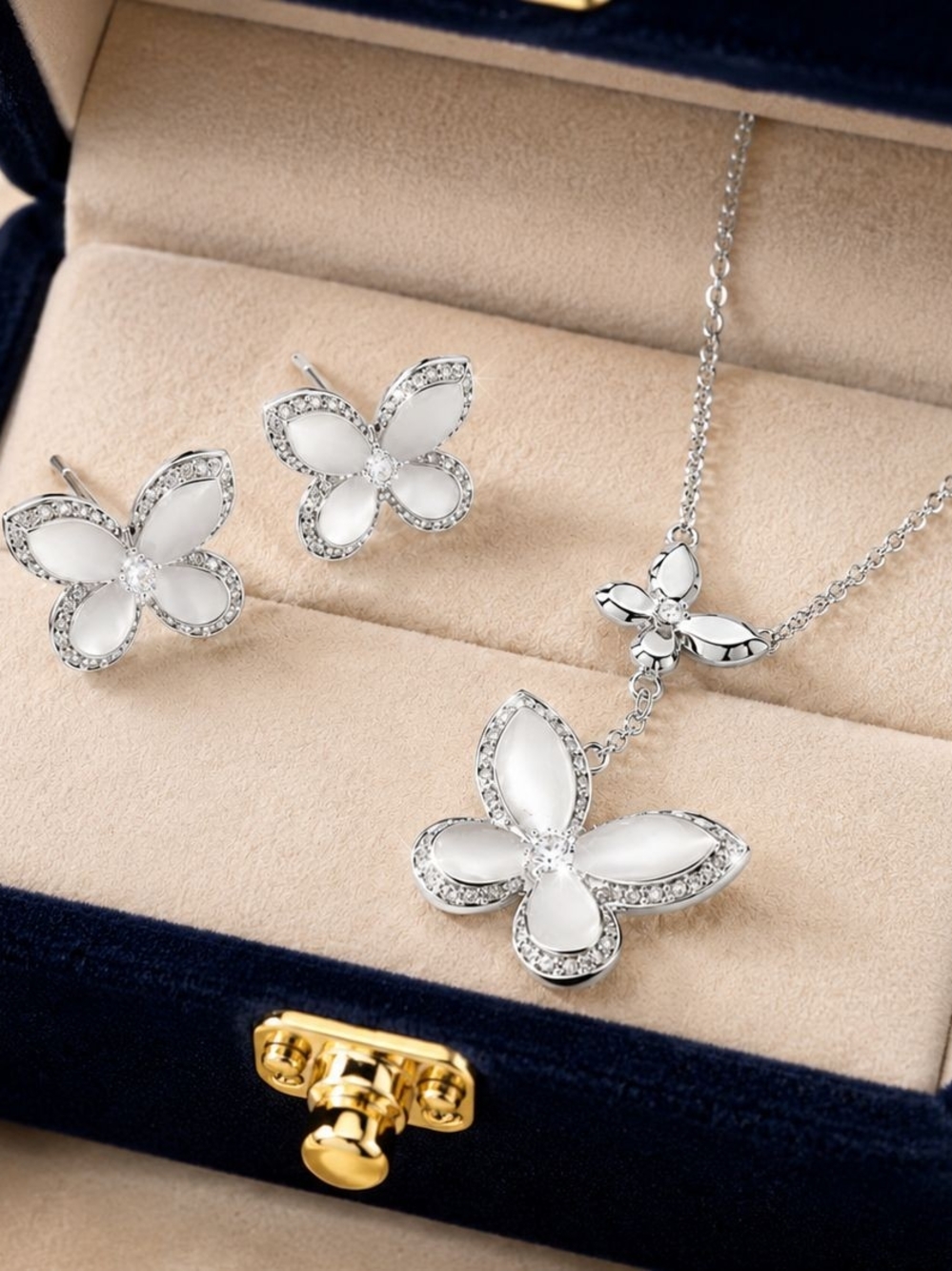 Silver Butterfly Necklace and Earring Set - Silver